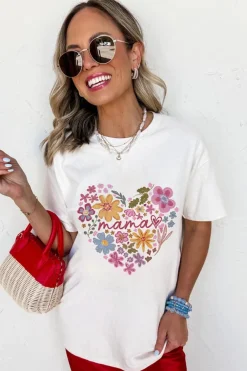 Clearance Dear-Lover MAMA Flower Heart Cotton Blend Graphic Tee White