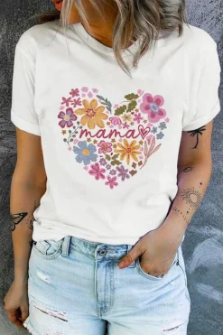 Clearance Dear-Lover MAMA Flower Heart Cotton Blend Graphic Tee White