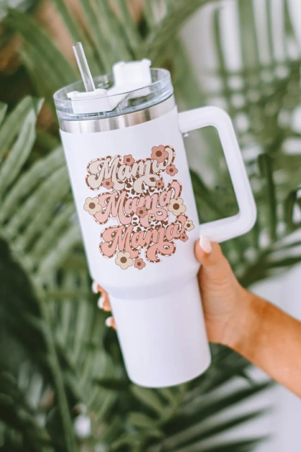 Clearance Dear-Lover mama Flower Leopard Print Stainless Steel Insulate Cup 40oz White