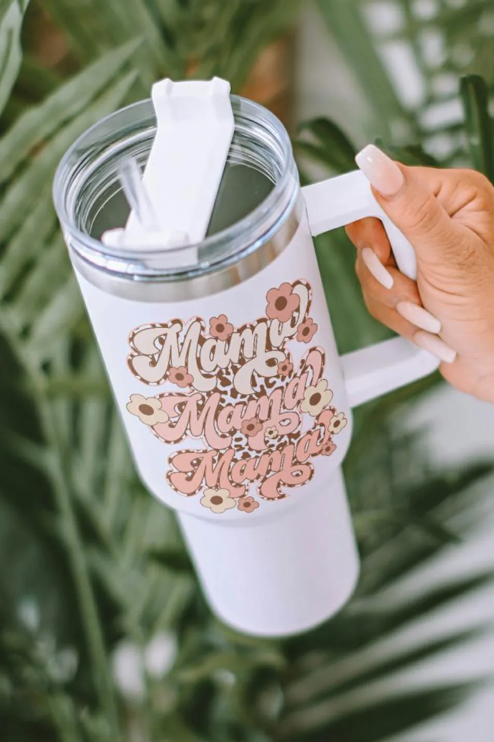 Clearance Dear-Lover mama Flower Leopard Print Stainless Steel Insulate Cup 40oz White