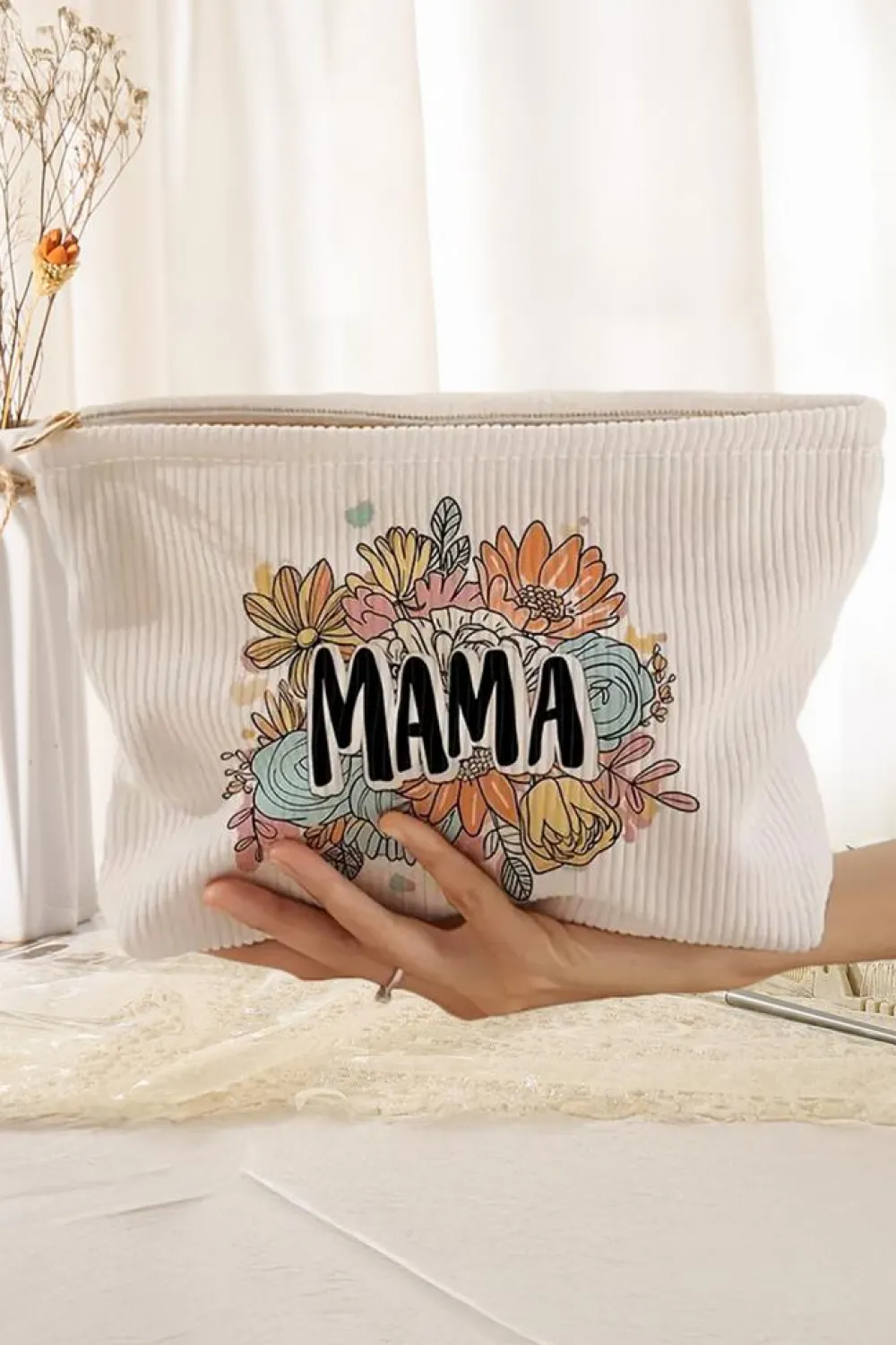 New Dear-Lover MAMA Flower Print Corduroy Large Cosmetic Bag White
