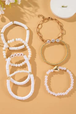 Clearance Dear-Lover MAMA Heart Pearl Beaded Chain Multi Layer Bracelet White