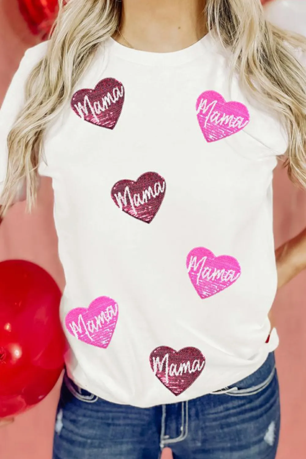 Fashion Dear-Lover mama Heart Shape Sequin Patched Crew Neck T Shirt White
