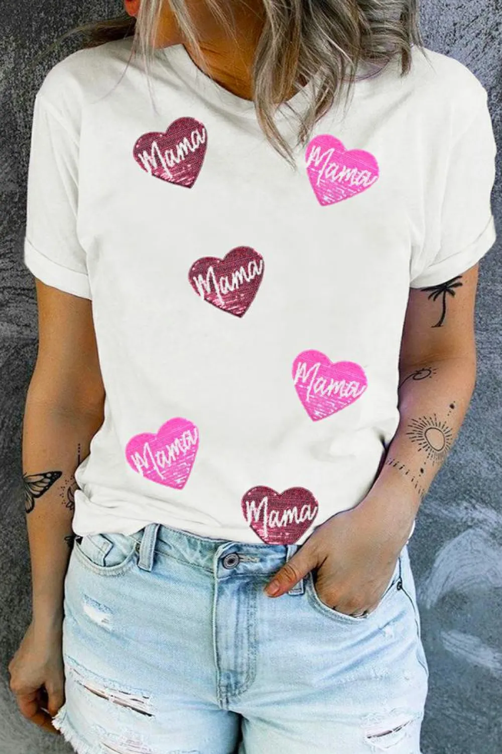Fashion Dear-Lover mama Heart Shape Sequin Patched Crew Neck T Shirt White