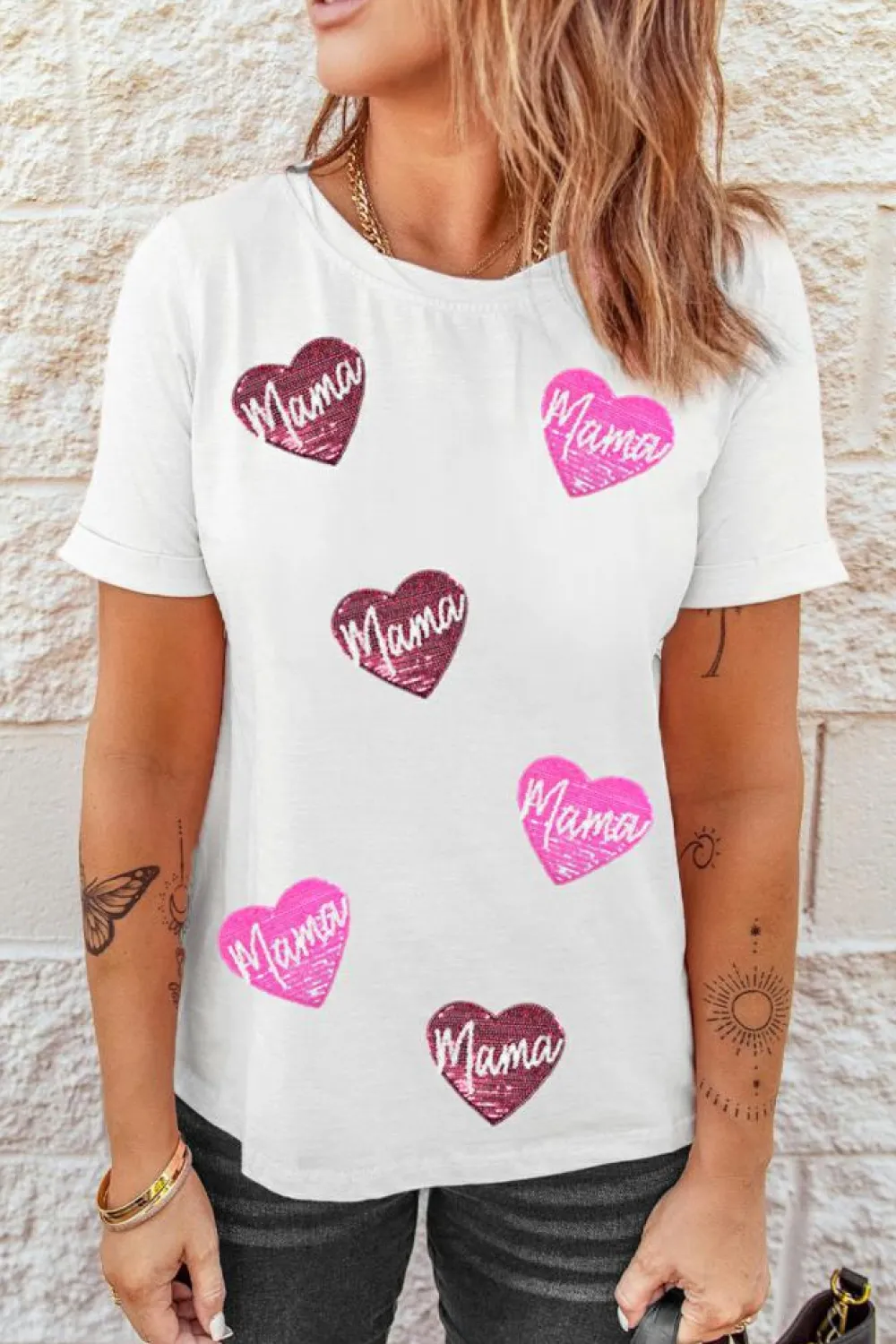 Fashion Dear-Lover mama Heart Shape Sequin Patched Crew Neck T Shirt White