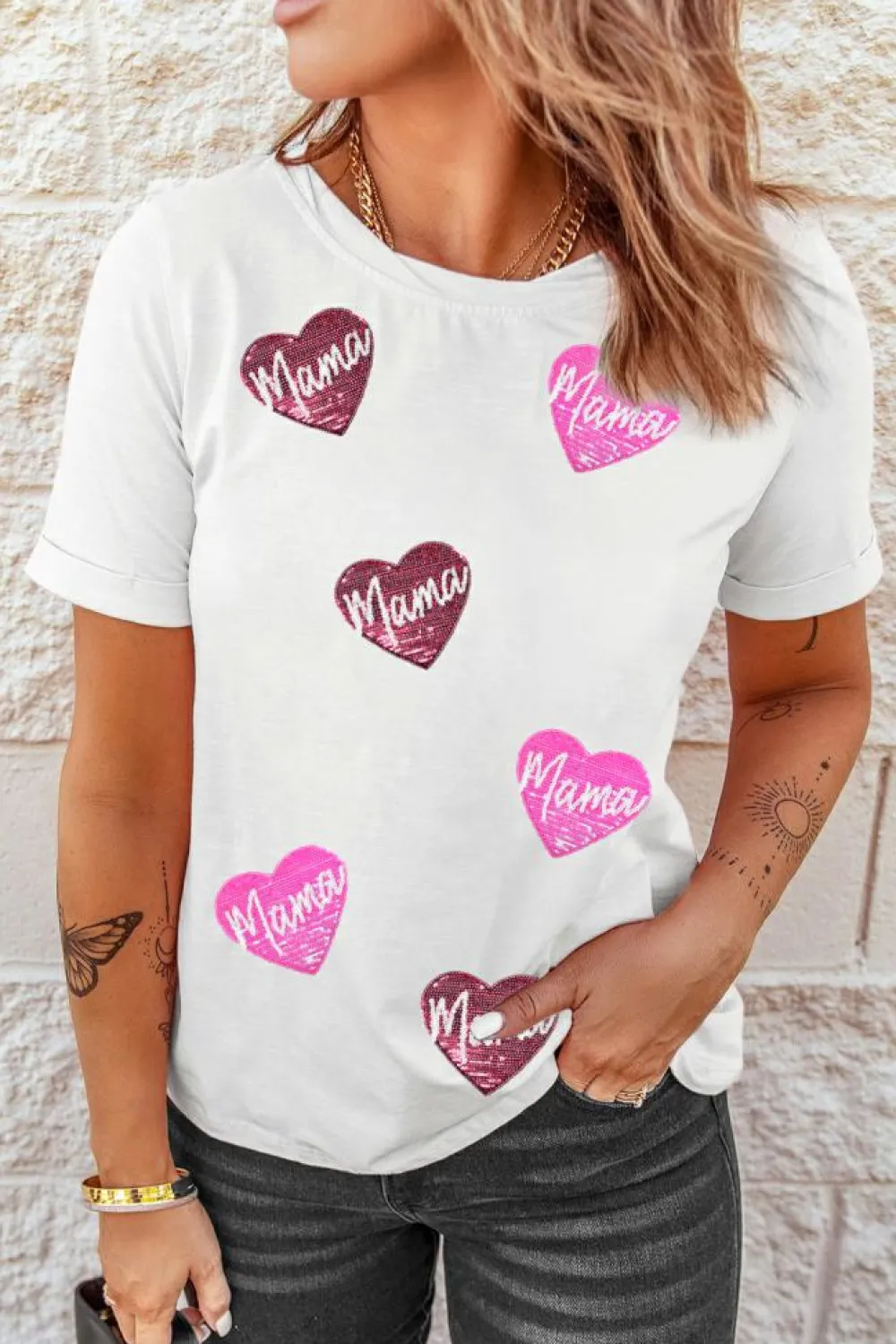 Fashion Dear-Lover mama Heart Shape Sequin Patched Crew Neck T Shirt White