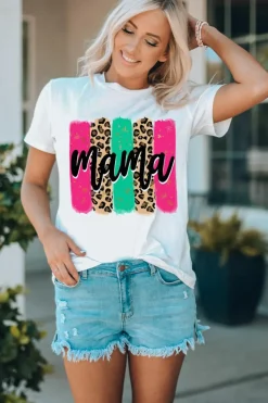 Clearance Dear-Lover Mama Leopard Brush Stroke Graphic T Shirt White