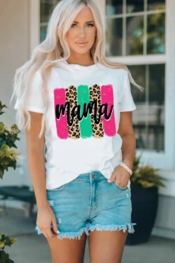Clearance Dear-Lover Mama Leopard Brush Stroke Graphic T Shirt White