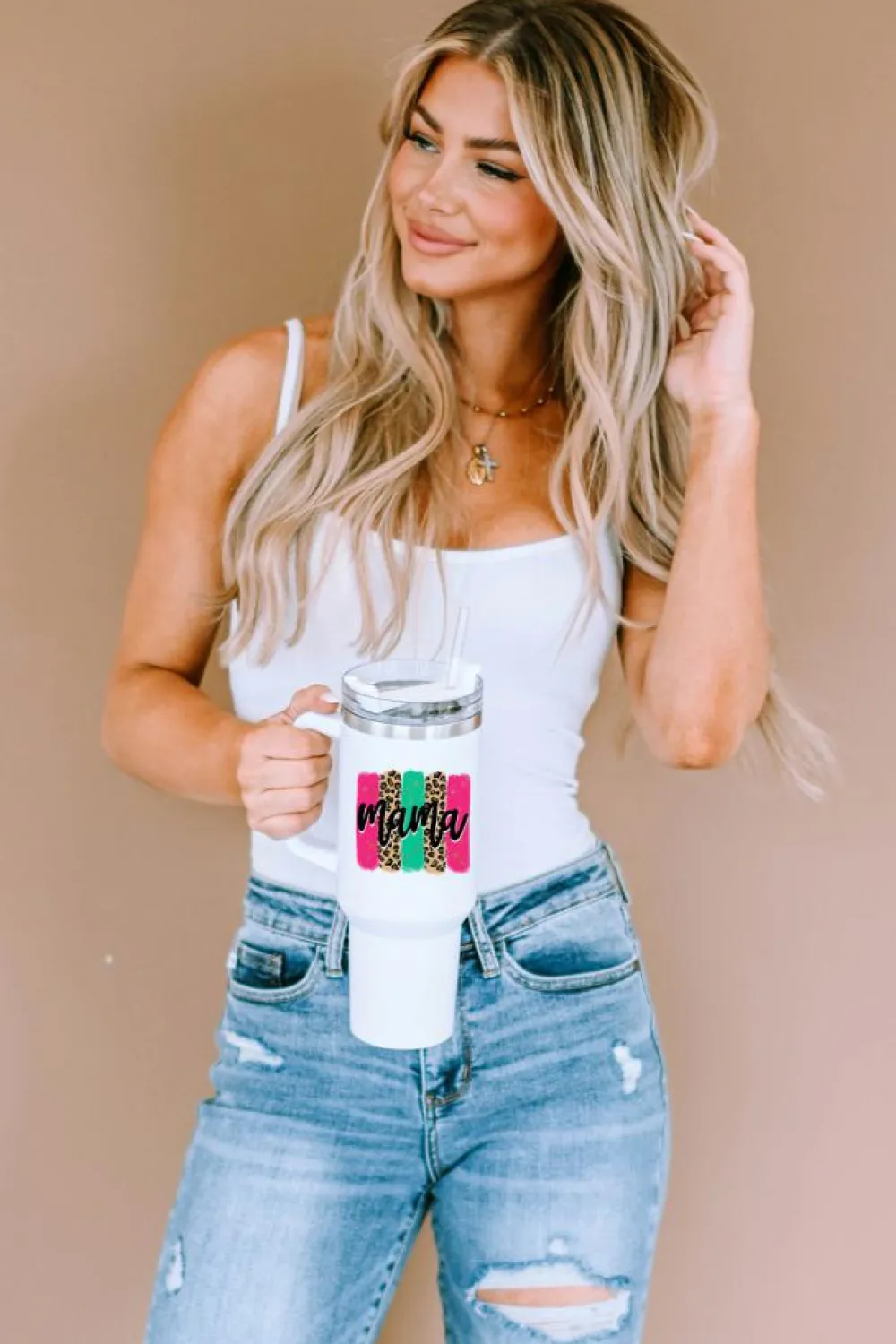 Sale Dear-Lover mama Leopard Colorblock Handle Portable Cup 40oz White