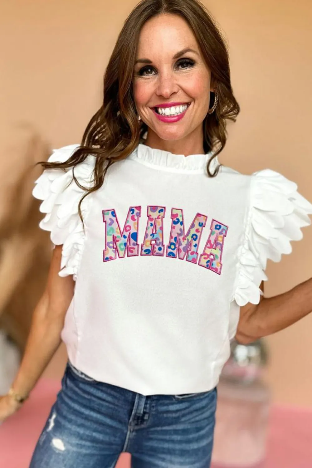 Best Dear-Lover MAMA Leopard Embroidered Layered Scalloped Sleeve Top White