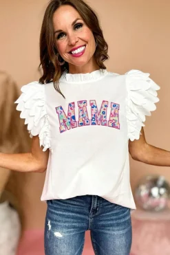 Best Dear-Lover MAMA Leopard Embroidered Layered Scalloped Sleeve Top White