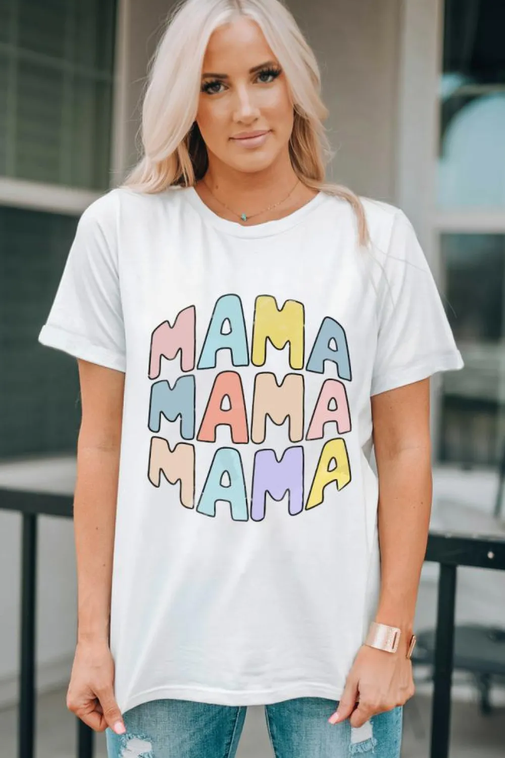 Fashion Dear-Lover MAMA Slogan Print Crew Neck Casual T Shirt White