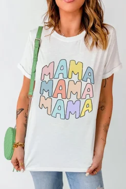 Fashion Dear-Lover MAMA Slogan Print Crew Neck Casual T Shirt White
