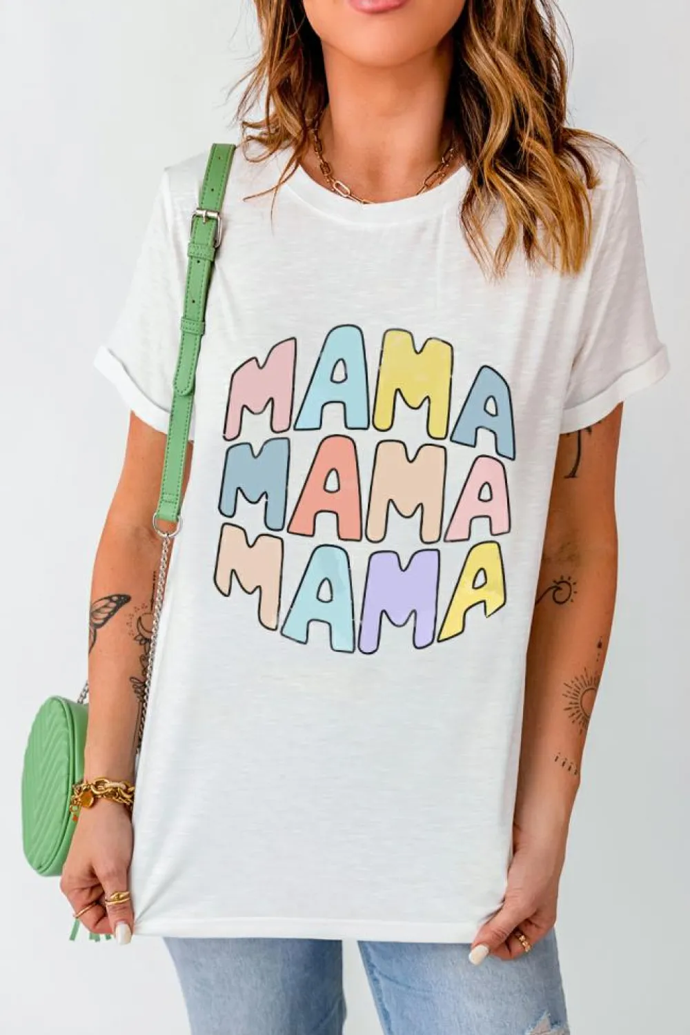 Fashion Dear-Lover MAMA Slogan Print Crew Neck Casual T Shirt White