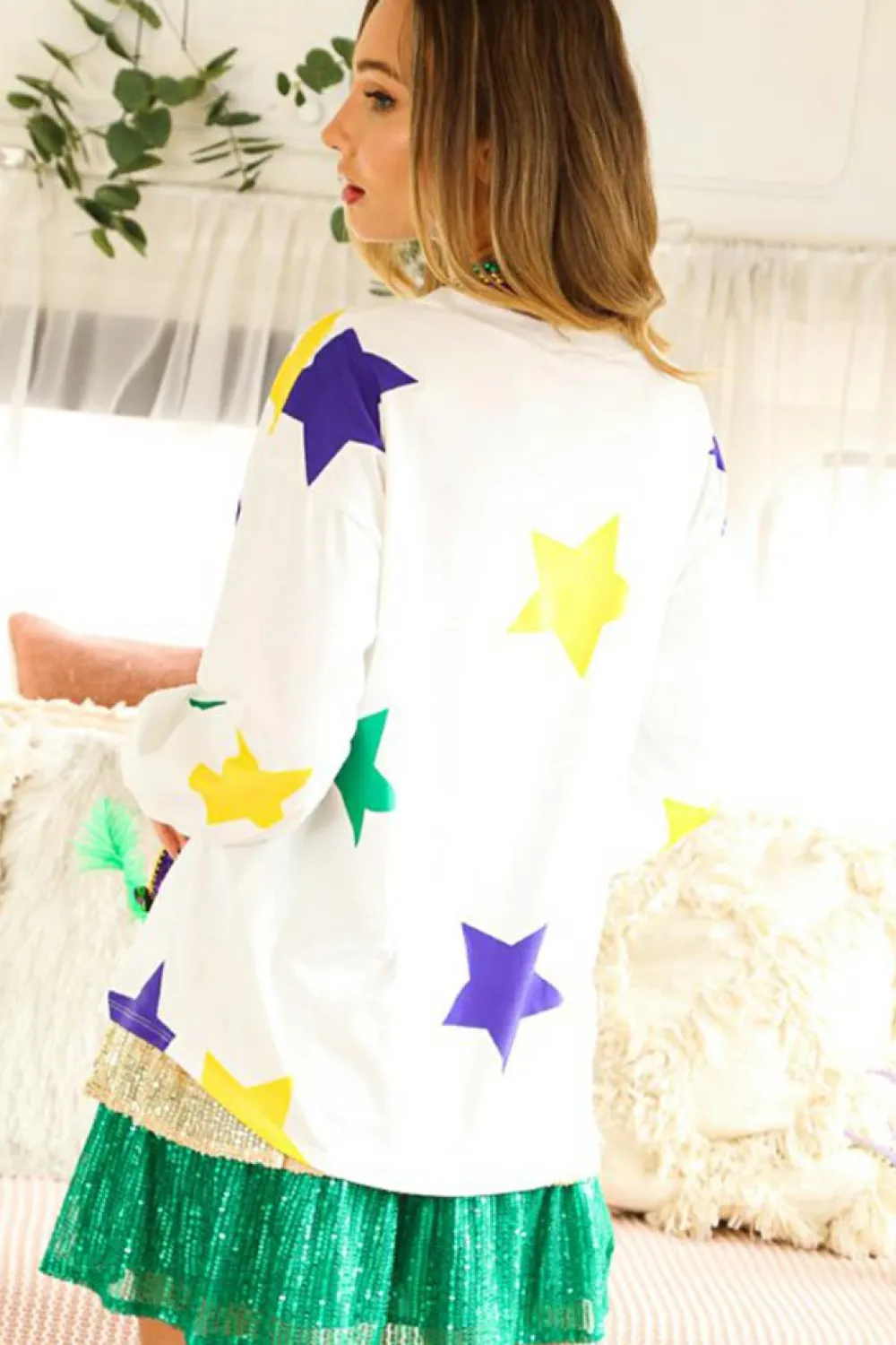 New Dear-Lover Mardi Gras Star Printed Long Sleeve Top White