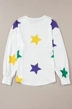 New Dear-Lover Mardi Gras Star Printed Long Sleeve Top White
