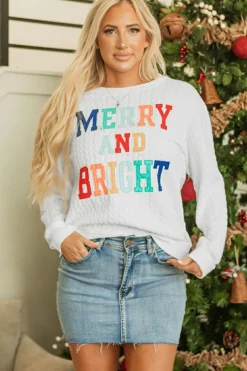 Fashion Dear-Lover Merry And Bright Cable Knit Pullover Sweatshirt White