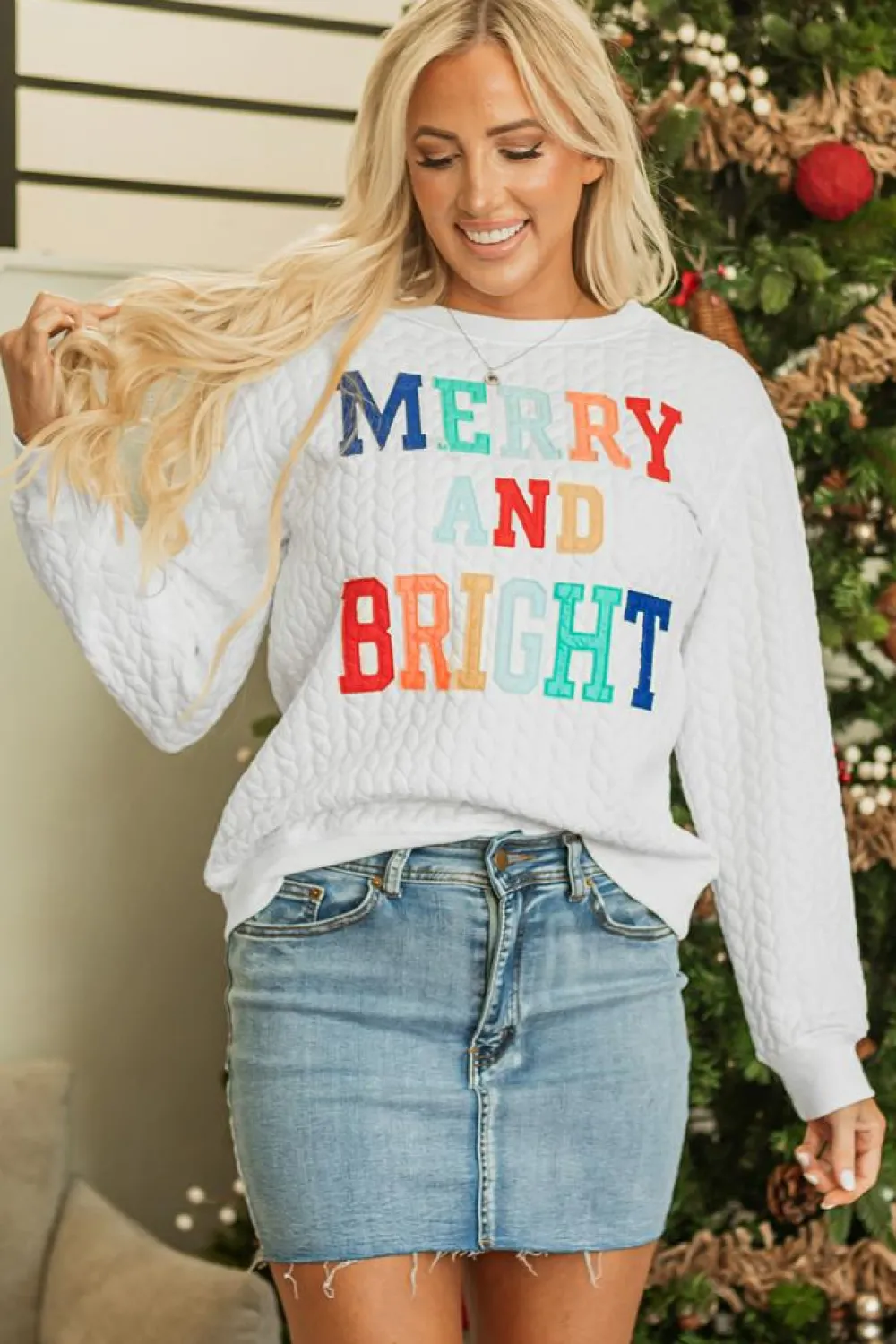 Fashion Dear-Lover Merry And Bright Cable Knit Pullover Sweatshirt White