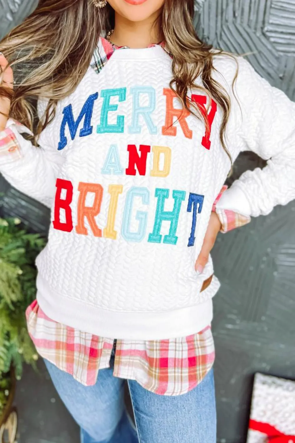 Fashion Dear-Lover Merry And Bright Cable Knit Pullover Sweatshirt White