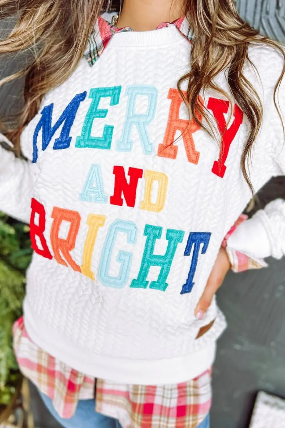 Fashion Dear-Lover Merry And Bright Cable Knit Pullover Sweatshirt White