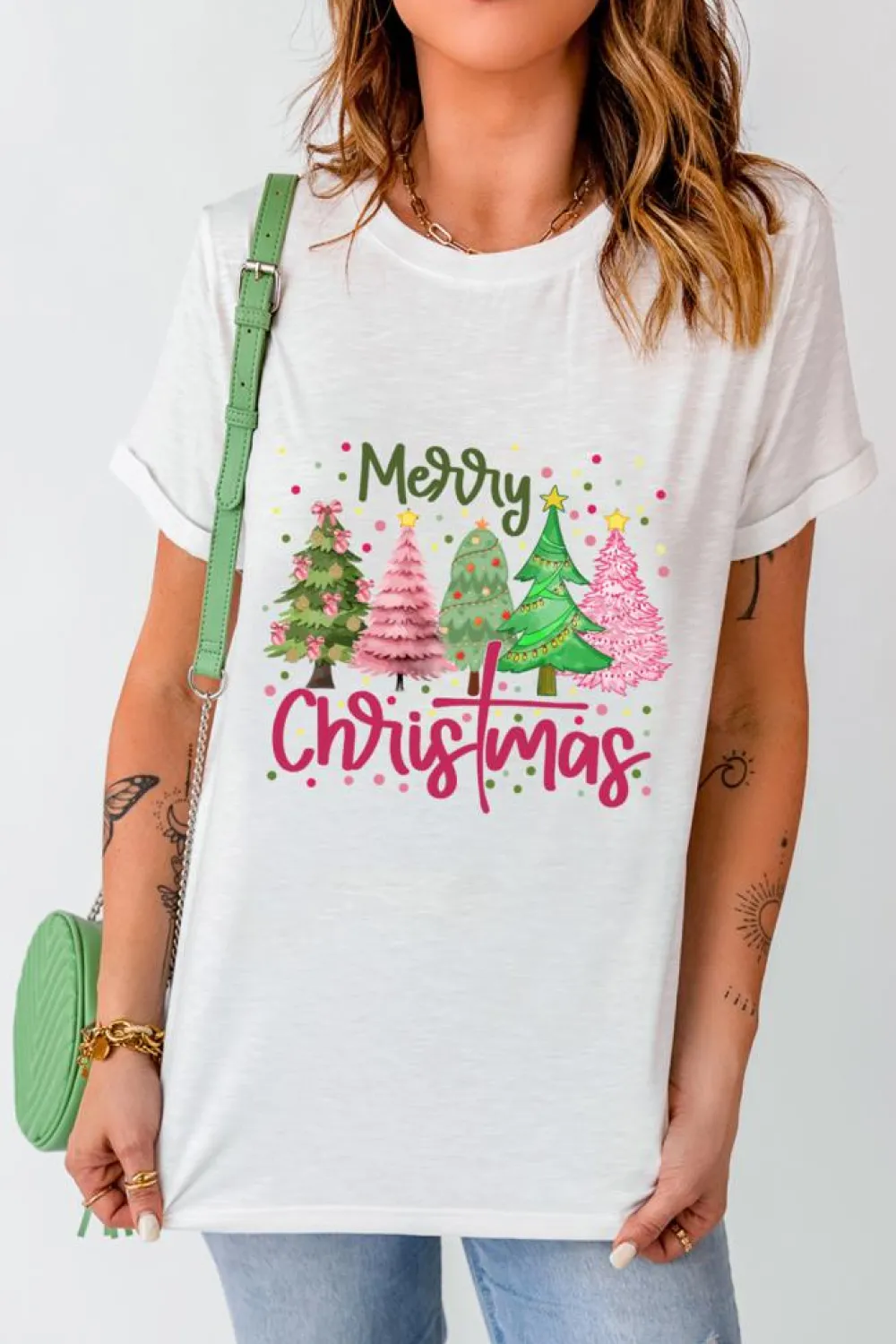 Online Dear-Lover Merry Christmas Holiday Vibe Graphic Crewneck T Shirt White