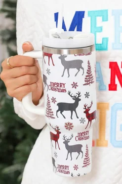New Dear-Lover Merry Christmas Tree Snowflake Elk Print Handle Tumbler White
