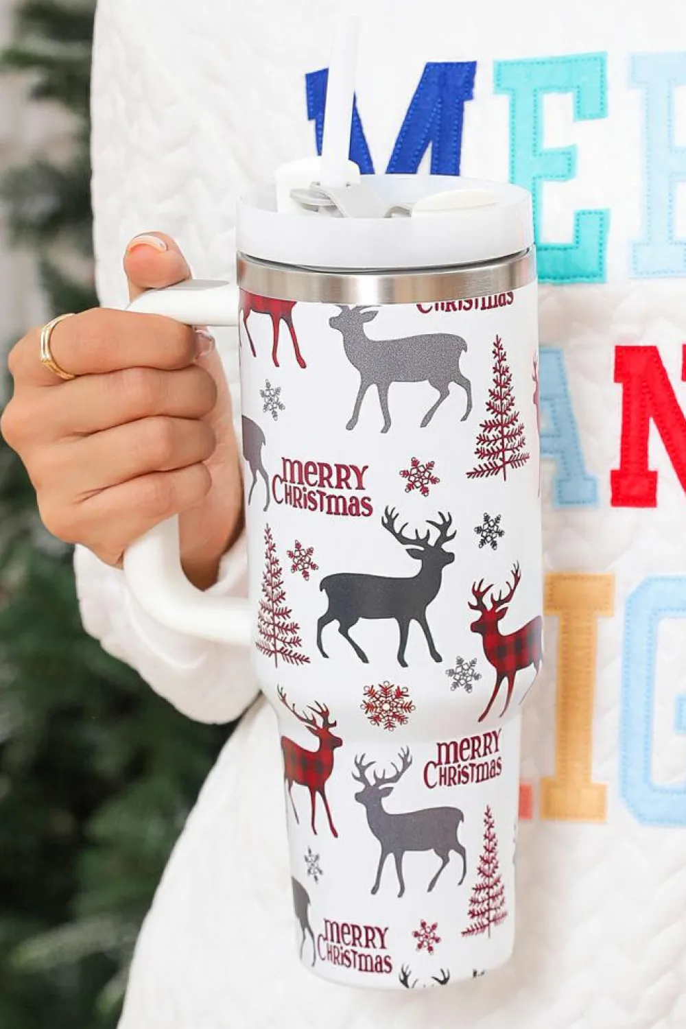 New Dear-Lover Merry Christmas Tree Snowflake Elk Print Handle Tumbler White