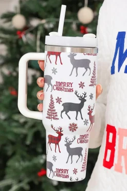 New Dear-Lover Merry Christmas Tree Snowflake Elk Print Handle Tumbler White
