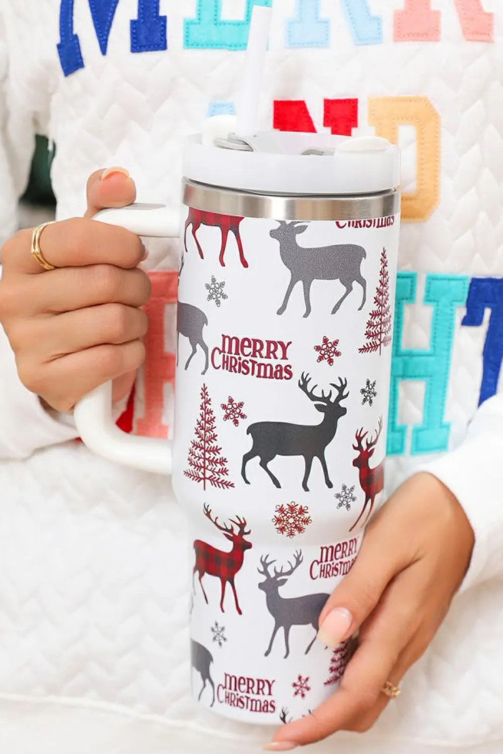 New Dear-Lover Merry Christmas Tree Snowflake Elk Print Handle Tumbler White