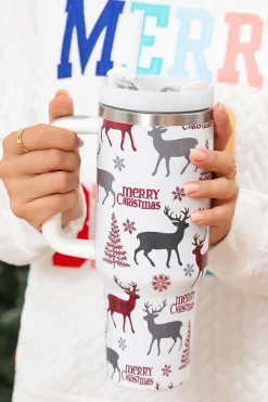 New Dear-Lover Merry Christmas Tree Snowflake Elk Print Handle Tumbler White