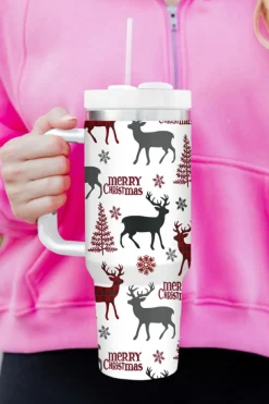 New Dear-Lover Merry Christmas Tree Snowflake Elk Print Handle Tumbler White
