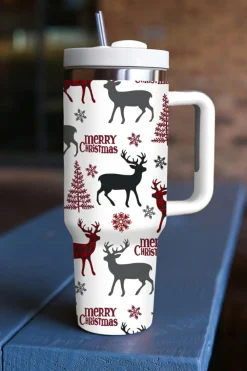 New Dear-Lover Merry Christmas Tree Snowflake Elk Print Handle Tumbler White