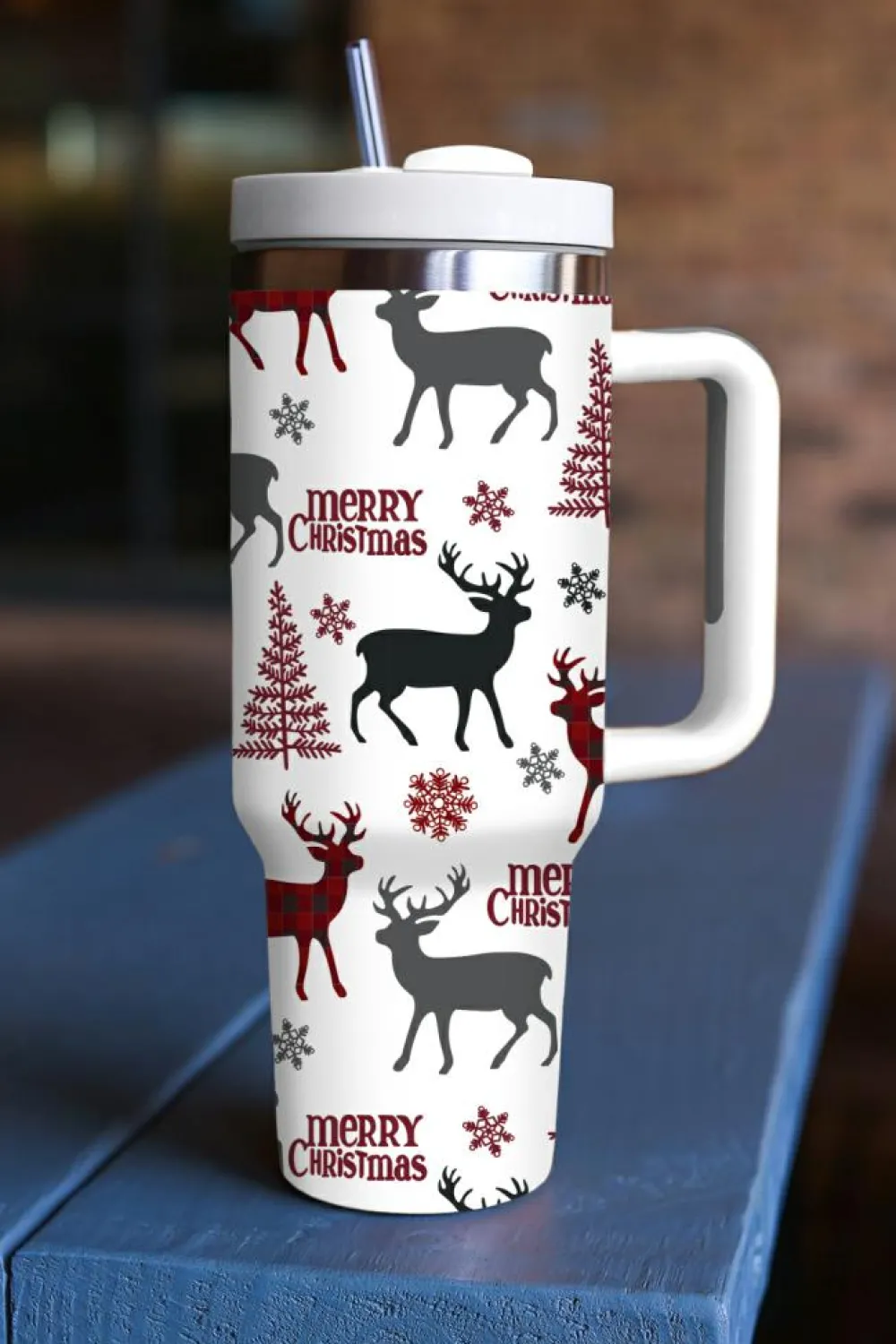 New Dear-Lover Merry Christmas Tree Snowflake Elk Print Handle Tumbler White