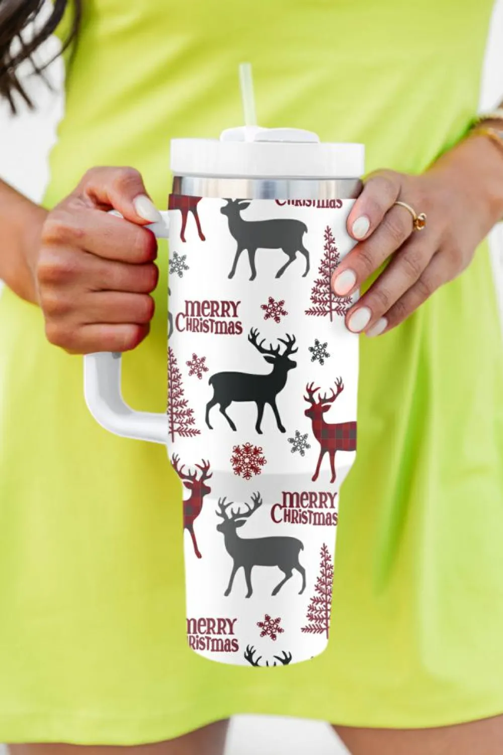 New Dear-Lover Merry Christmas Tree Snowflake Elk Print Handle Tumbler White