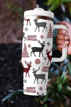 New Dear-Lover Merry Christmas Tree Snowflake Elk Print Handle Tumbler White