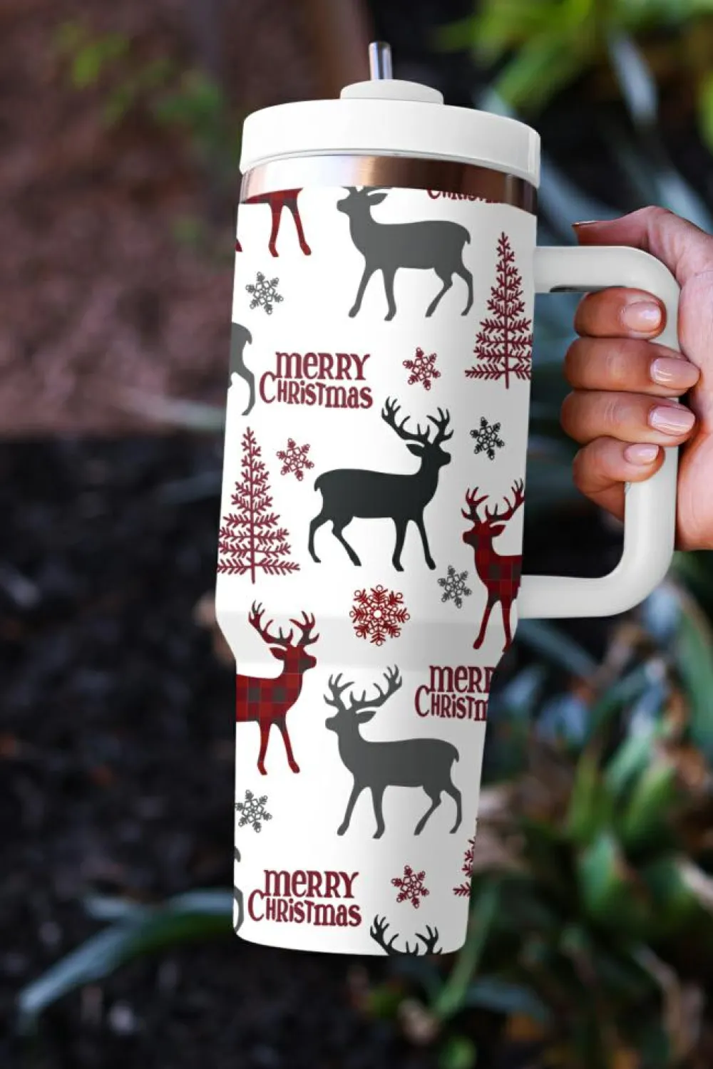 New Dear-Lover Merry Christmas Tree Snowflake Elk Print Handle Tumbler White