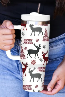 New Dear-Lover Merry Christmas Tree Snowflake Elk Print Handle Tumbler White