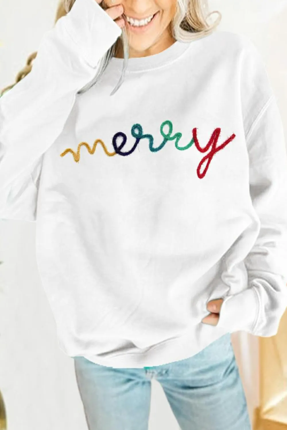 Fashion Dear-Lover MERRY Graphic Pullover Sweatshirt White