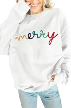 Fashion Dear-Lover MERRY Graphic Pullover Sweatshirt White