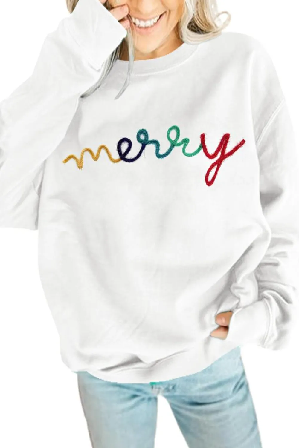 Fashion Dear-Lover MERRY Graphic Pullover Sweatshirt White