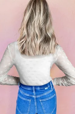 Outlet Dear-Lover Mesh Bow Pattern Long Sleeve Top White