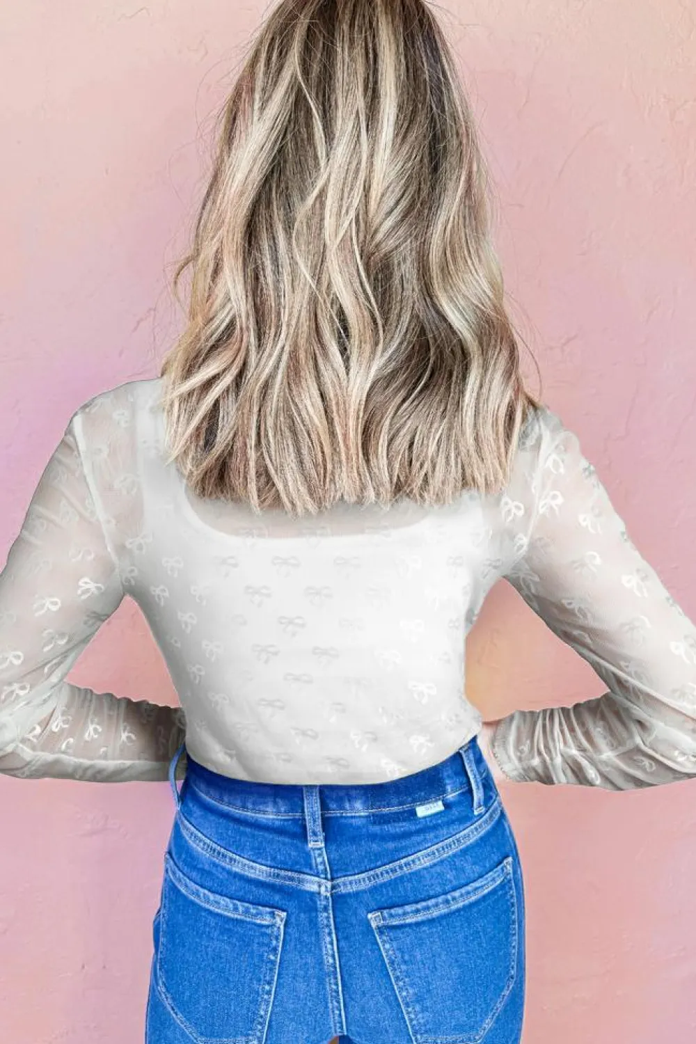 Outlet Dear-Lover Mesh Bow Pattern Long Sleeve Top White
