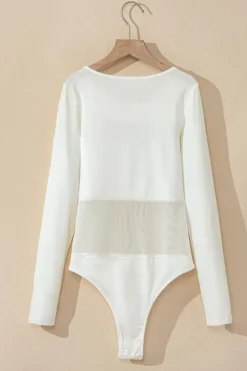 Best Dear-Lover Mesh Patchwork Long Sleeve Bodysuit White