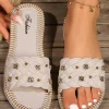 Outlet Dear-Lover Metal Decor Braided Pattern PU Leather Slippers White
