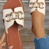 Clearance Dear-Lover Metal Decor Cutout PU Leather Flat Slippers White