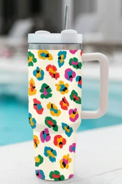 Clearance Dear-Lover Multi Color Leopard Print Handle Stainless Tumbler 40oz White