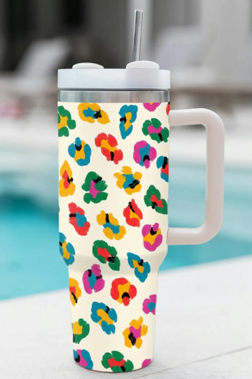 Clearance Dear-Lover Multi Color Leopard Print Handle Stainless Tumbler 40oz White