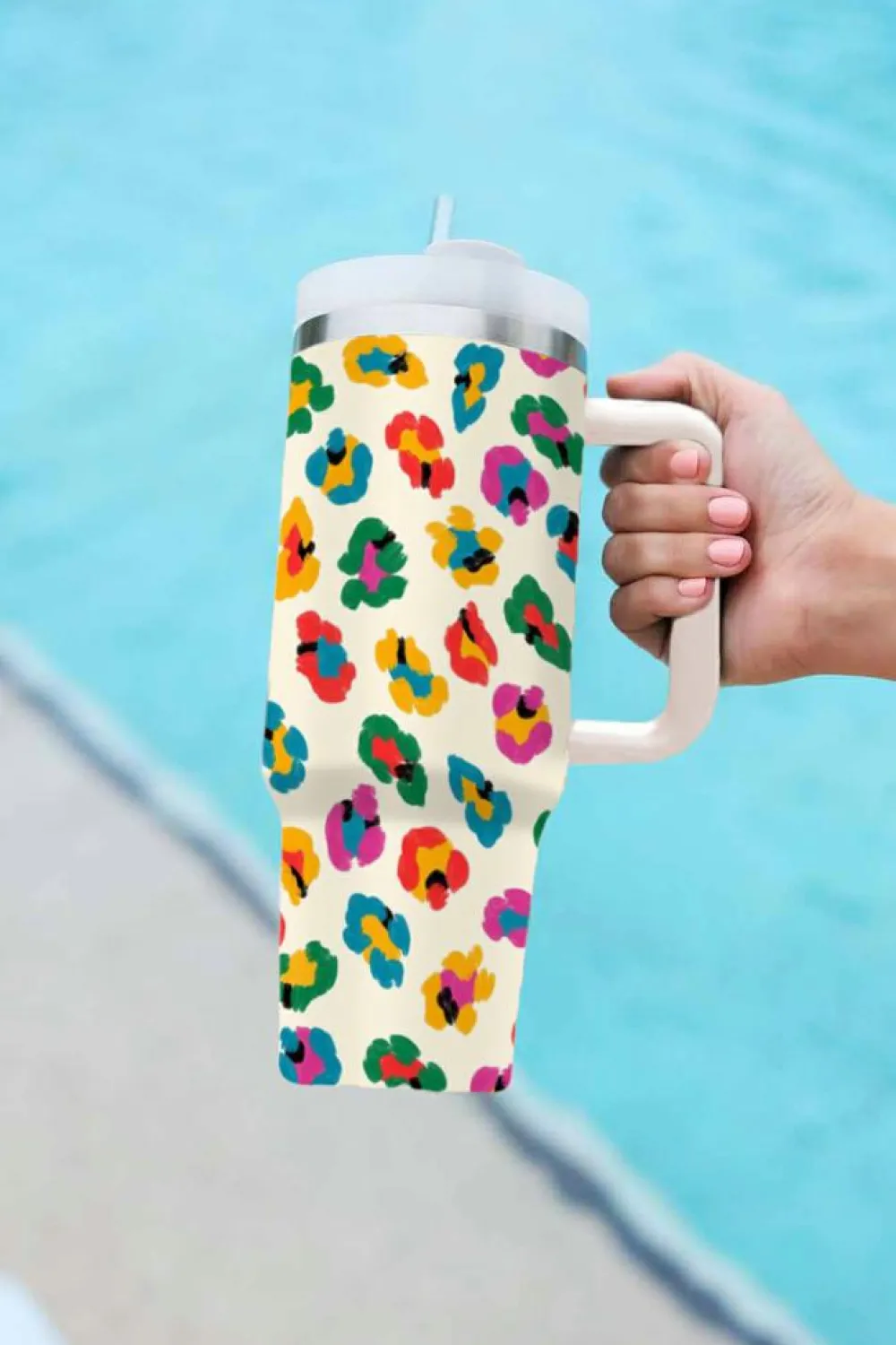 Clearance Dear-Lover Multi Color Leopard Print Handle Stainless Tumbler 40oz White