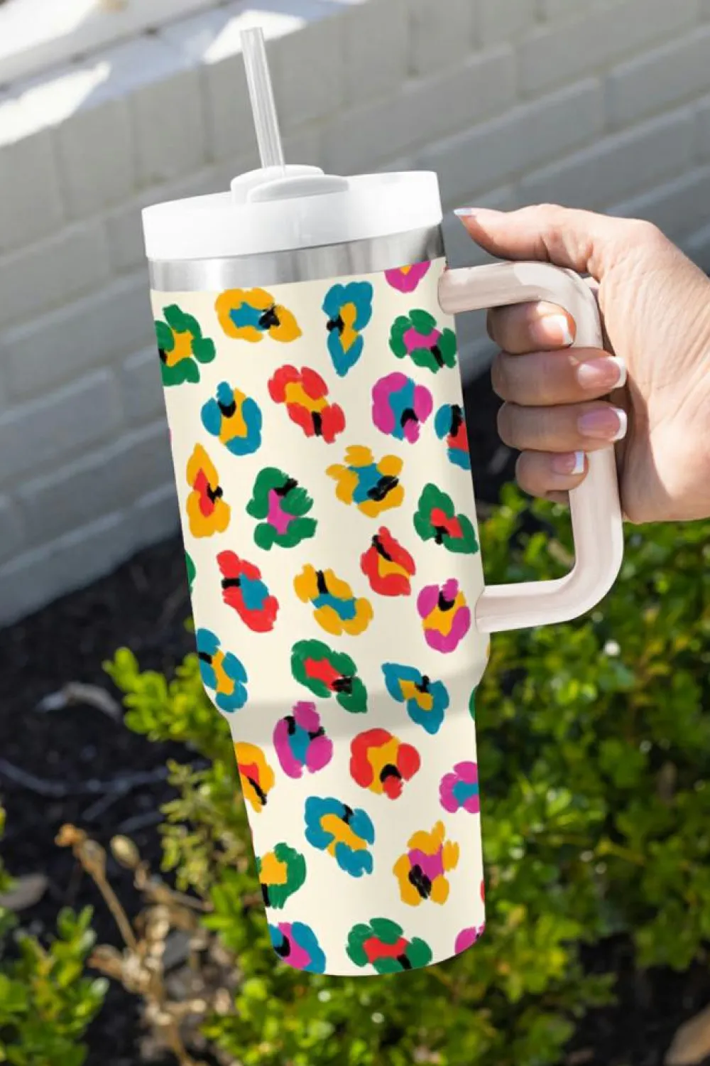 Clearance Dear-Lover Multi Color Leopard Print Handle Stainless Tumbler 40oz White
