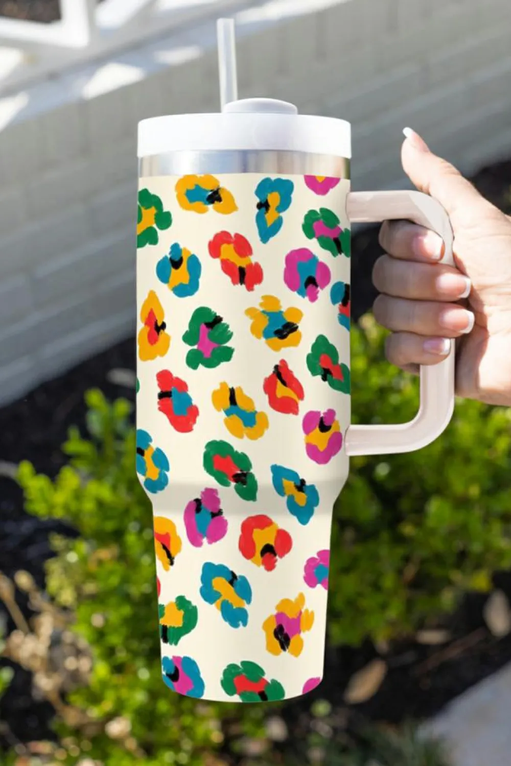 Clearance Dear-Lover Multi Color Leopard Print Handle Stainless Tumbler 40oz White